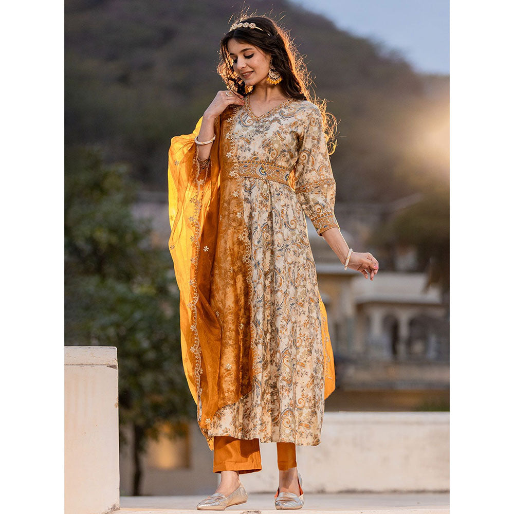 Yufta Mustard Paisley Anarkali Kurta with Pant Dupatta & Belt (Set of 4)