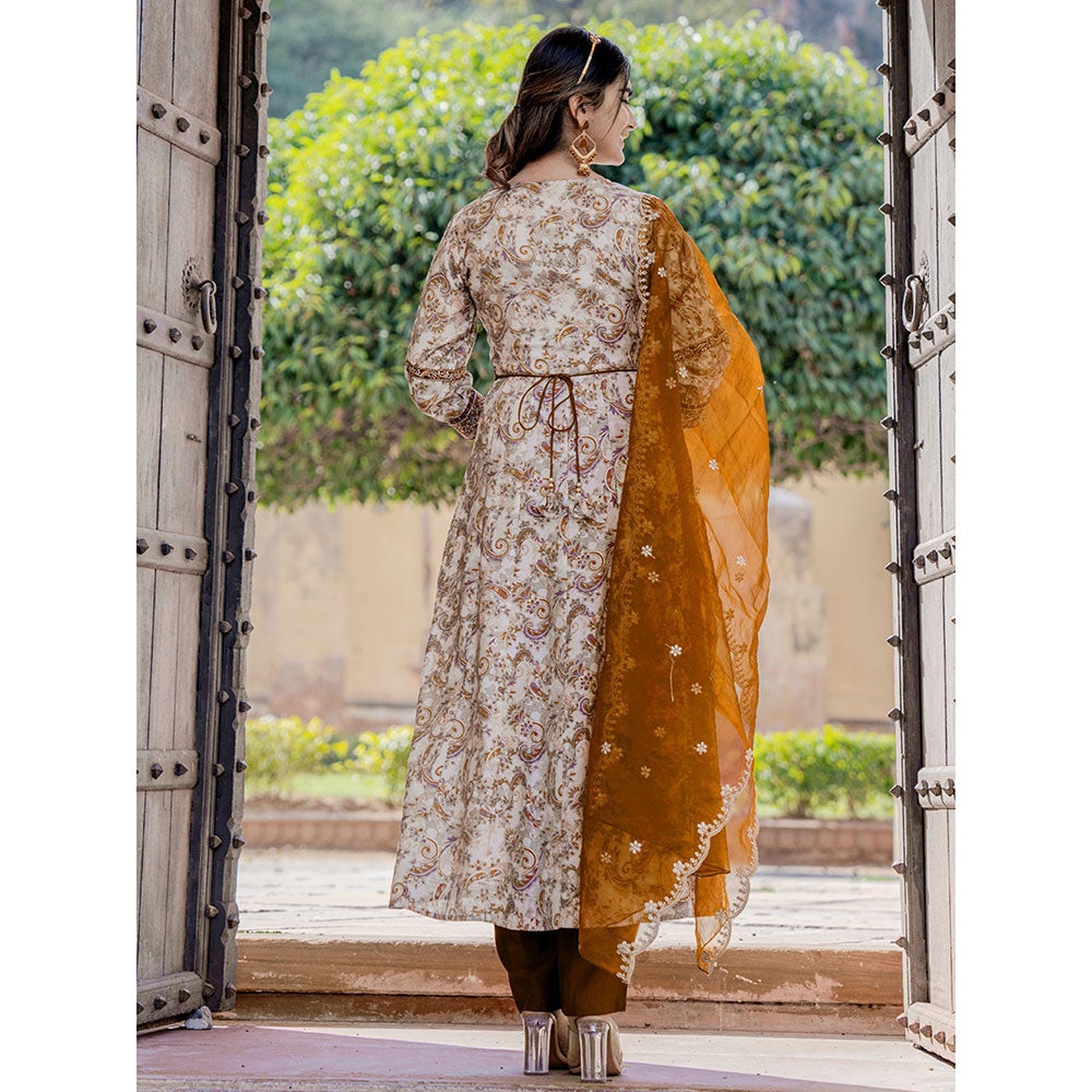 Yufta Mustard Paisley Anarkali Kurta with Pant Dupatta & Belt (Set of 4)