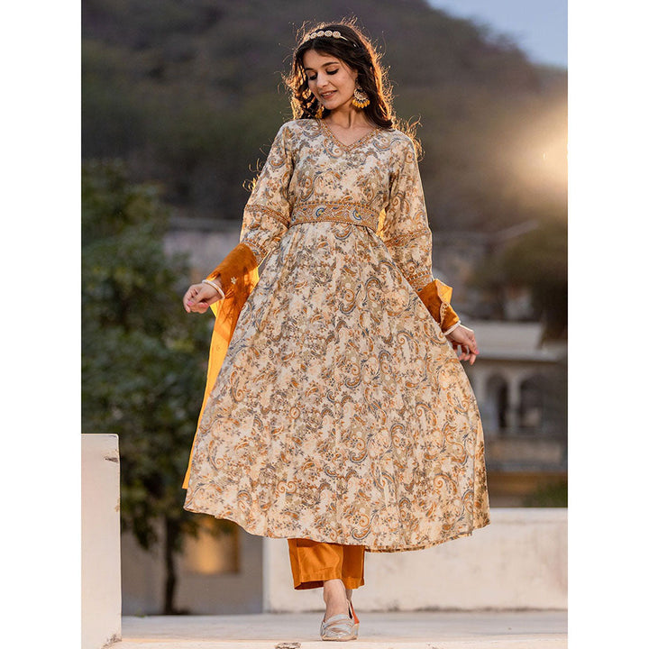 Yufta Mustard Paisley Anarkali Kurta with Pant Dupatta & Belt (Set of 4)