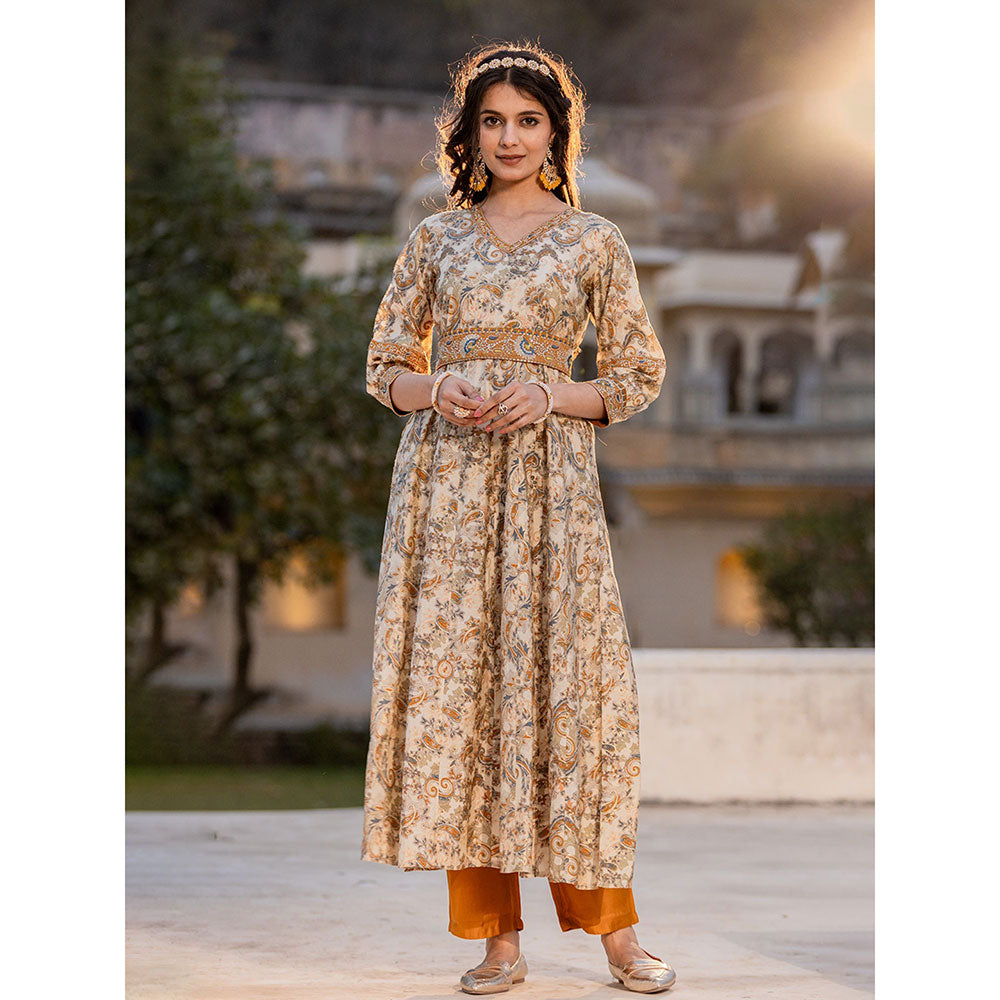 Yufta Mustard Paisley Anarkali Kurta with Pant Dupatta & Belt (Set of 4)