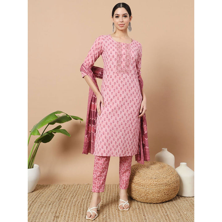 Yufta Pink Block Print Straight Kurta with Pant & Dupatta (Set of 3)