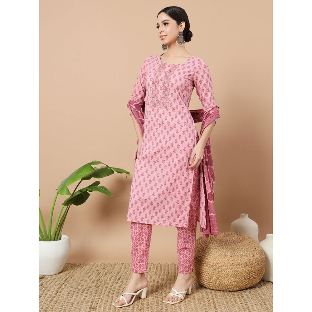 Yufta Pink Block Print Straight Kurta with Pant & Dupatta (Set of 3)