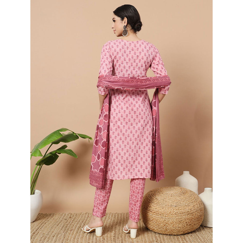 Yufta Pink Block Print Straight Kurta with Pant & Dupatta (Set of 3)