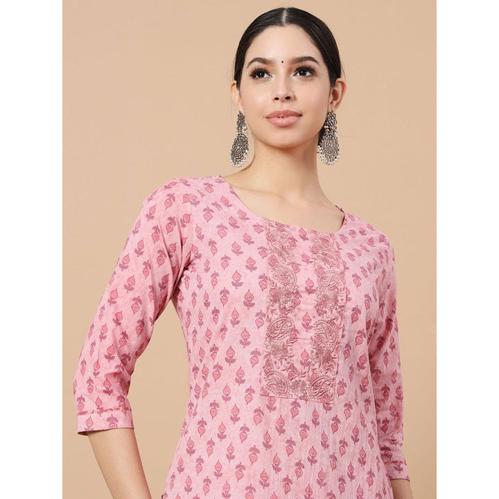 Yufta Pink Block Print Straight Kurta with Pant & Dupatta (Set of 3)