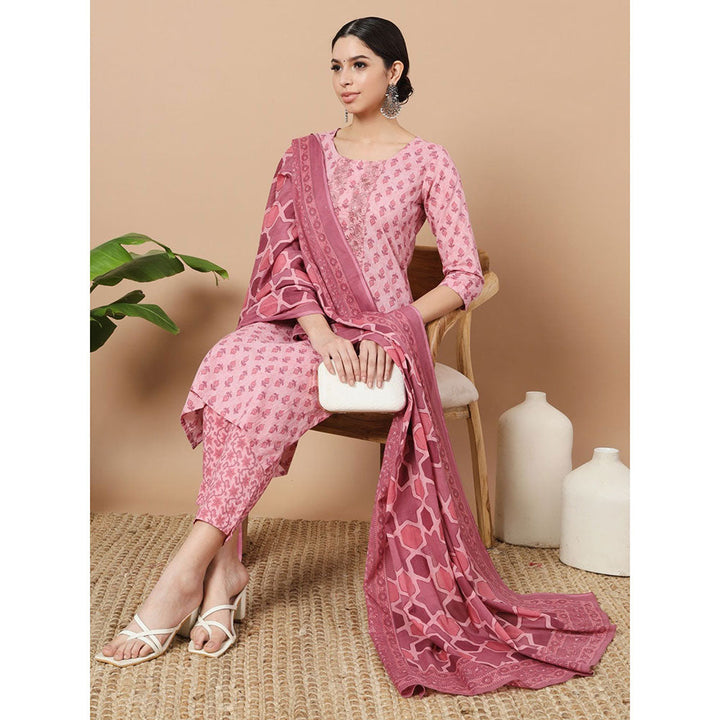 Yufta Pink Block Print Straight Kurta with Pant & Dupatta (Set of 3)