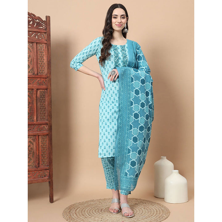 Yufta Turquoise Block Print Straight Kurta with Pant & Dupatta (Set of 3)