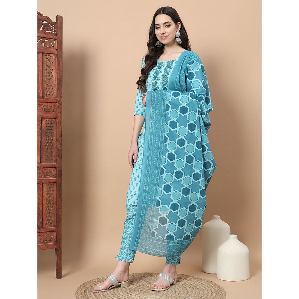 Yufta Turquoise Block Print Straight Kurta with Pant & Dupatta (Set of 3)