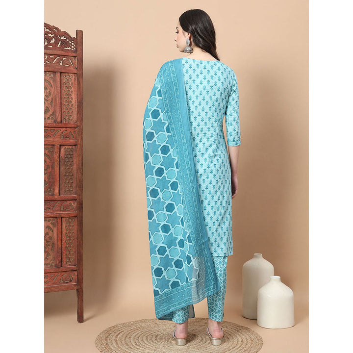 Yufta Turquoise Block Print Straight Kurta with Pant & Dupatta (Set of 3)