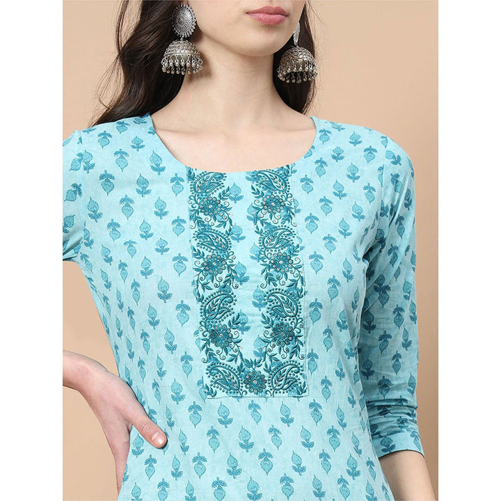 Yufta Turquoise Block Print Straight Kurta with Pant & Dupatta (Set of 3)