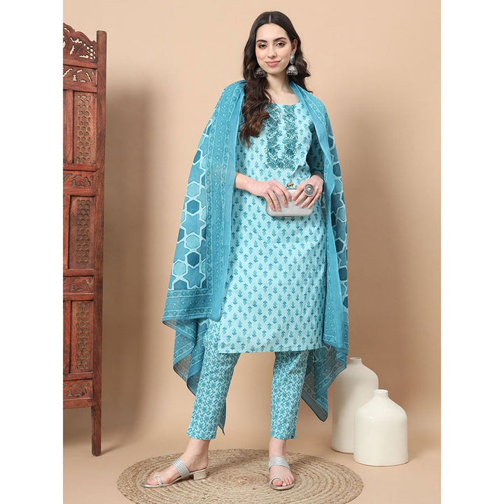 Yufta Turquoise Block Print Straight Kurta with Pant & Dupatta (Set of 3)