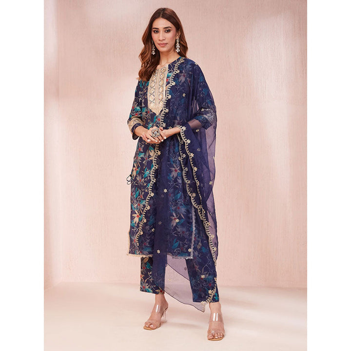 Yufta Blue Floral Print Sequins Work Straight Kurta with Pant & Dupatta (Set of 3)