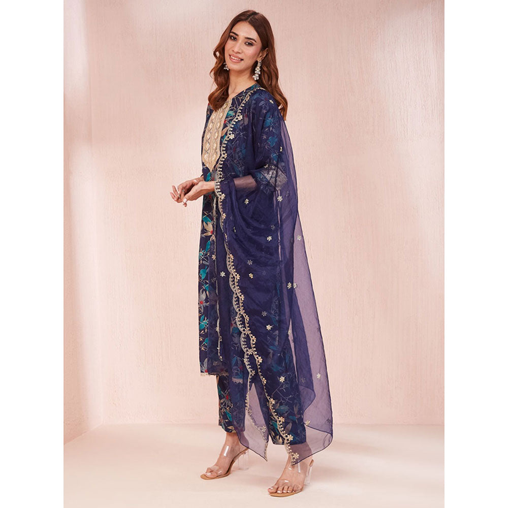 Yufta Blue Floral Print Sequins Work Straight Kurta with Pant & Dupatta (Set of 3)