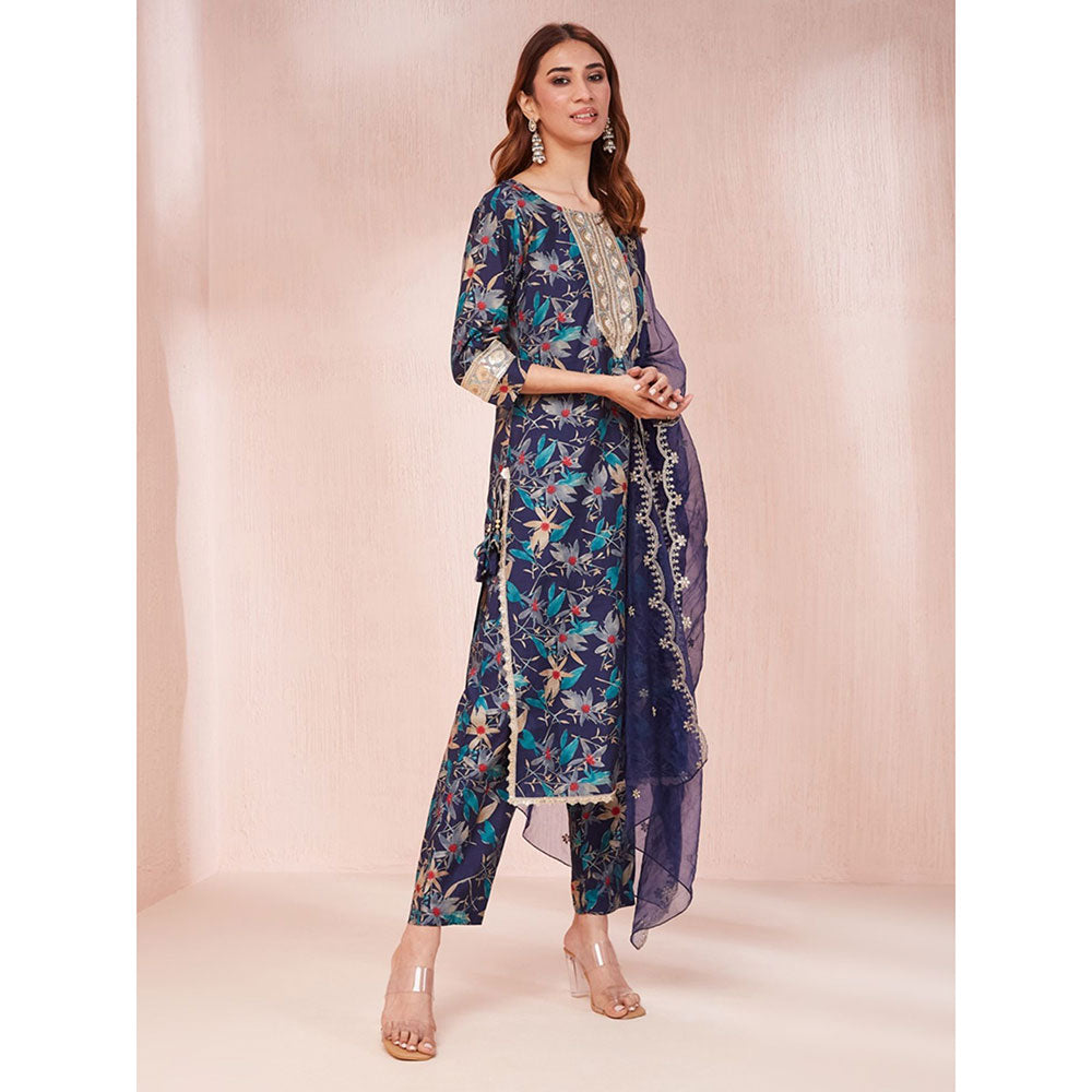 Yufta Blue Floral Print Sequins Work Straight Kurta with Pant & Dupatta (Set of 3)