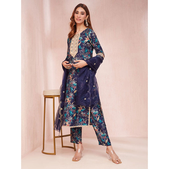 Yufta Blue Floral Print Sequins Work Straight Kurta with Pant & Dupatta (Set of 3)