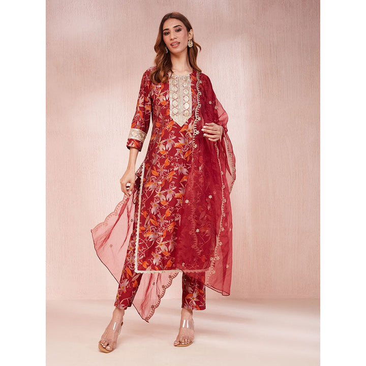 Yufta Red Floral Print Sequins Work Straight Kurta with Pant & Dupatta (Set of 3)