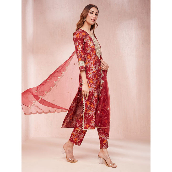 Yufta Red Floral Print Sequins Work Straight Kurta with Pant & Dupatta (Set of 3)