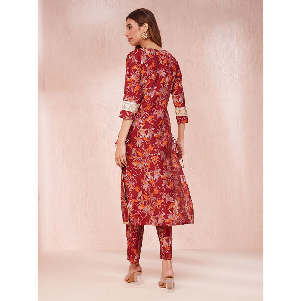 Yufta Red Floral Print Sequins Work Straight Kurta with Pant & Dupatta (Set of 3)