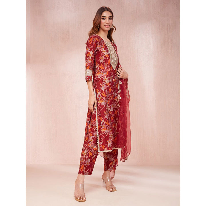 Yufta Red Floral Print Sequins Work Straight Kurta with Pant & Dupatta (Set of 3)