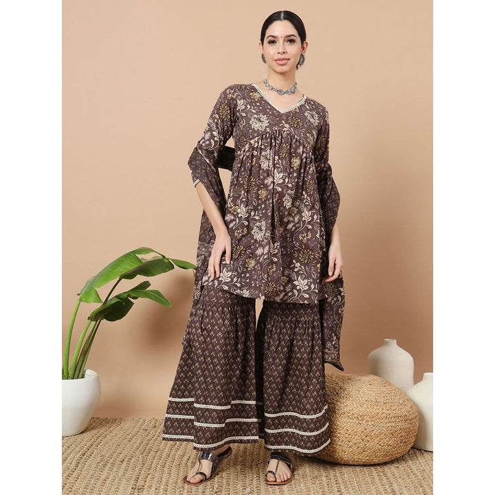 Yufta Brown Floral Print Straight Alia-Cut Kurta with Sharara & Dupatta (Set of 3)