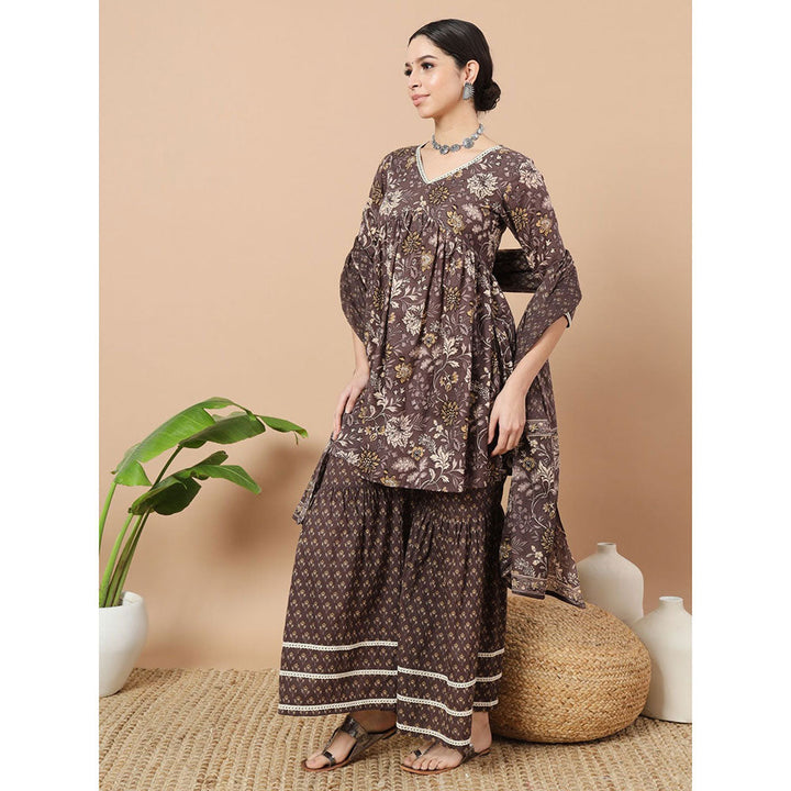 Yufta Brown Floral Print Straight Alia-Cut Kurta with Sharara & Dupatta (Set of 3)