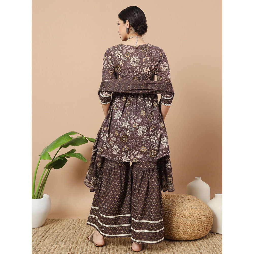 Yufta Brown Floral Print Straight Alia-Cut Kurta with Sharara & Dupatta (Set of 3)