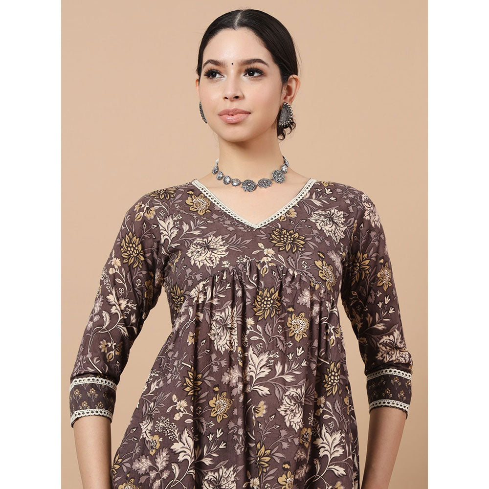 Yufta Brown Floral Print Straight Alia-Cut Kurta with Sharara & Dupatta (Set of 3)