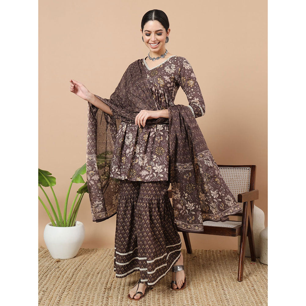 Yufta Brown Floral Print Straight Alia-Cut Kurta with Sharara & Dupatta (Set of 3)