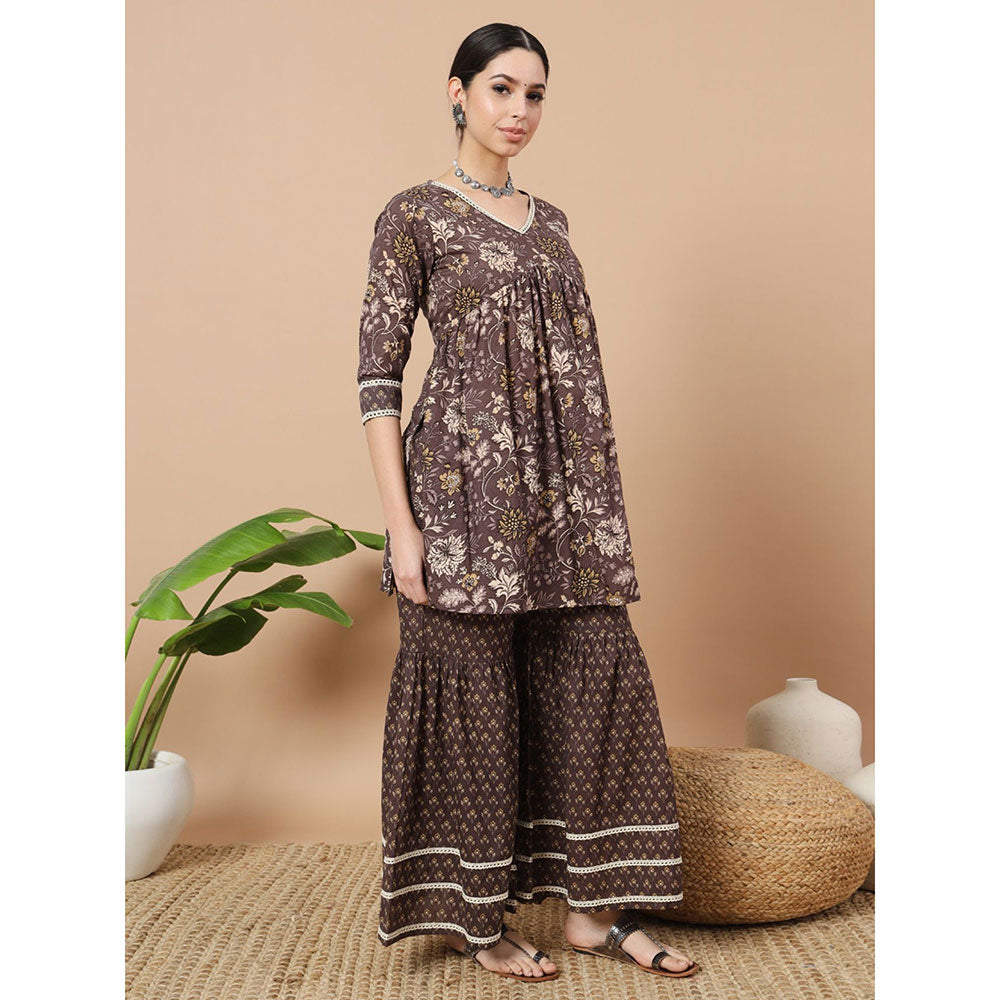 Yufta Brown Floral Print Straight Alia-Cut Kurta with Sharara & Dupatta (Set of 3)