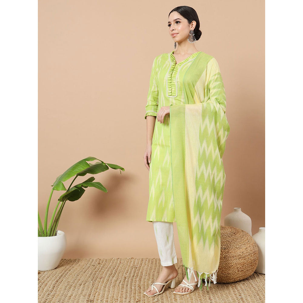 Yufta Green Cotton Ikat Kurta with Pant & Dupatta (Set of 3)