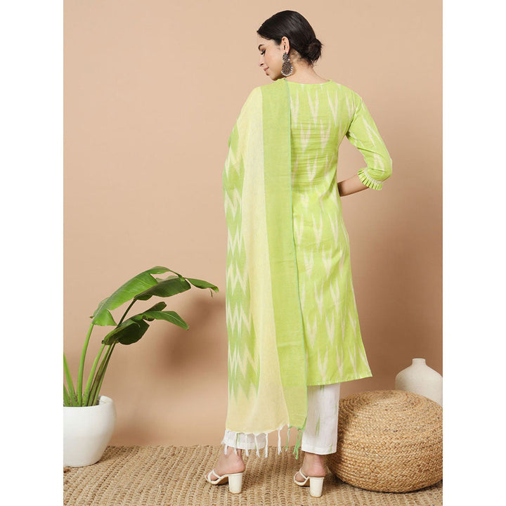 Yufta Green Cotton Ikat Kurta with Pant & Dupatta (Set of 3)