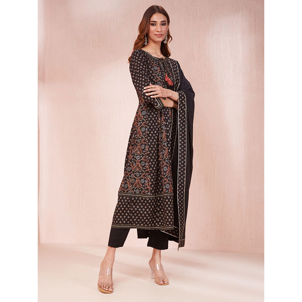 Yufta Black Ethnic Motifs Kurta with Pant & Dupatta (Set of 3)