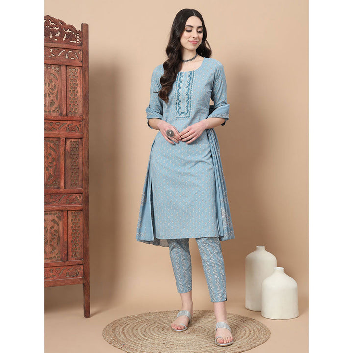 Yufta Blue Ethnic Motifs Straight Kurta with Pant & Dupatta (Set of 3)