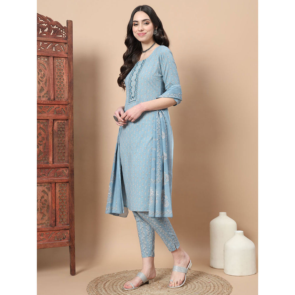 Yufta Blue Ethnic Motifs Straight Kurta with Pant & Dupatta (Set of 3)