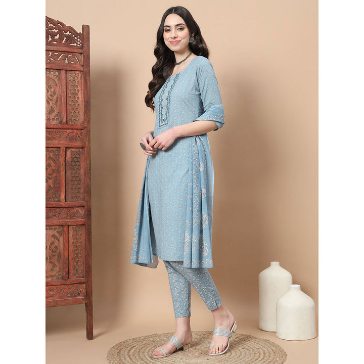 Yufta Blue Ethnic Motifs Straight Kurta with Pant & Dupatta (Set of 3)