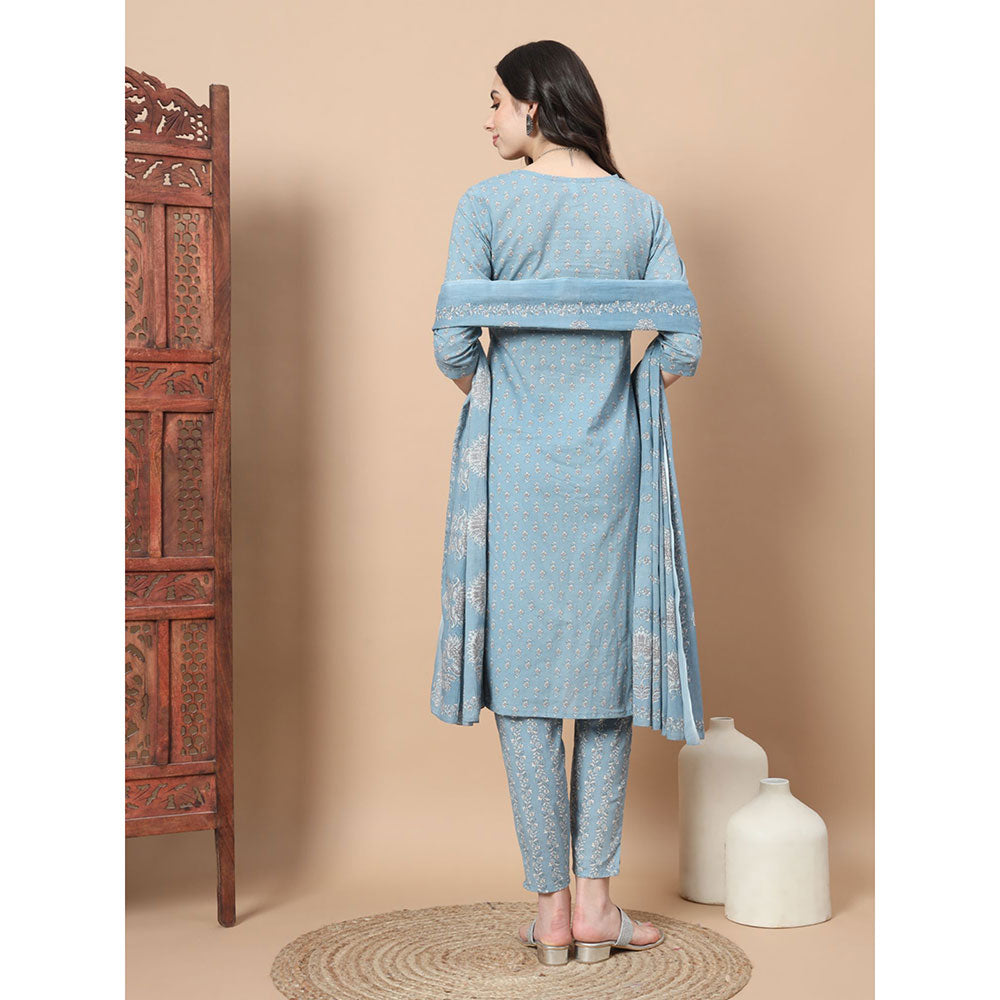 Yufta Blue Ethnic Motifs Straight Kurta with Pant & Dupatta (Set of 3)