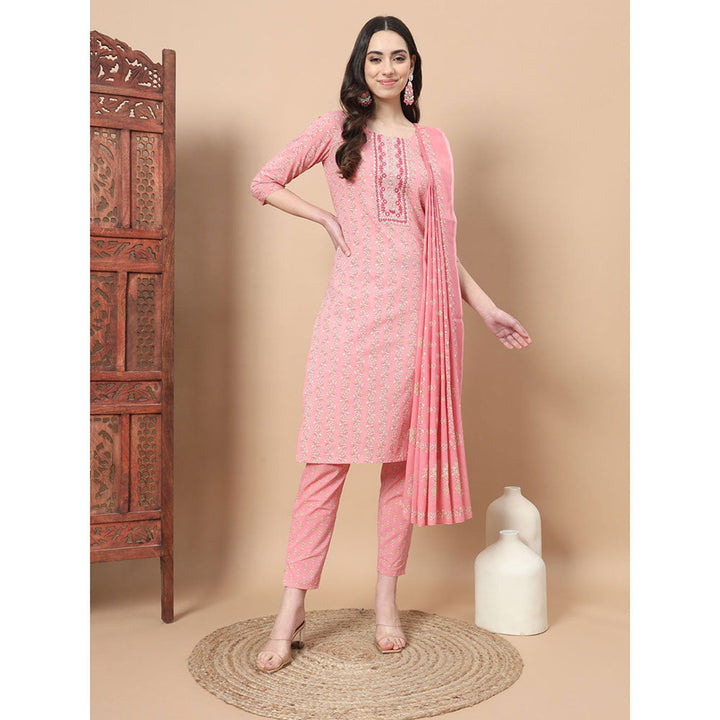 Yufta Pink Ethnic Motifs Straight Kurta with Pant & Dupatta (Set of 3)