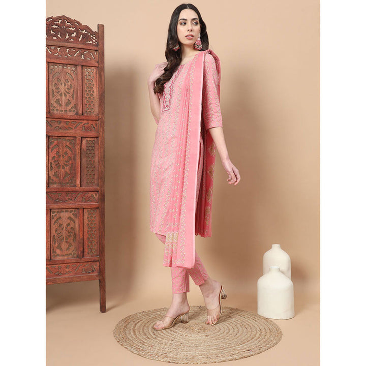 Yufta Pink Ethnic Motifs Straight Kurta with Pant & Dupatta (Set of 3)