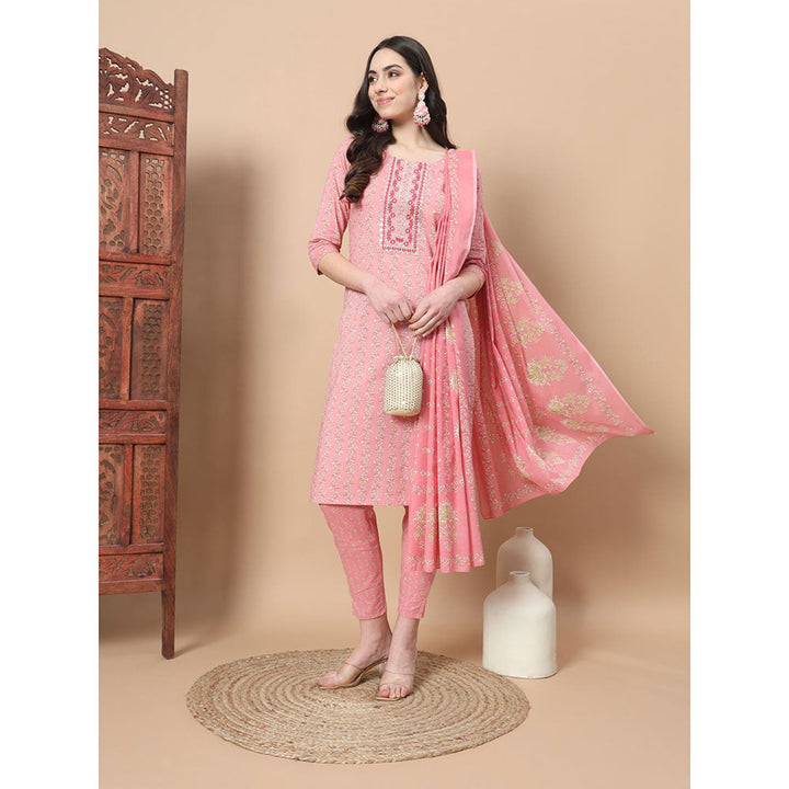 Yufta Pink Ethnic Motifs Straight Kurta with Pant & Dupatta (Set of 3)