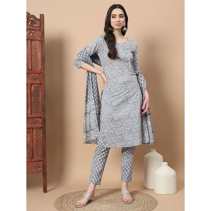 Yufta Grey Floral Thread Work Straight Kurta with Pant & Dupatta (Set of 3)