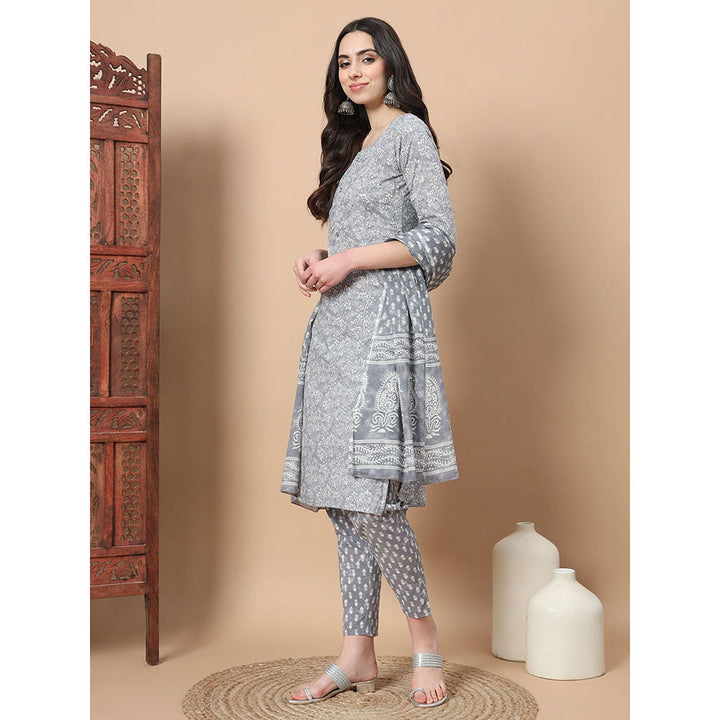 Yufta Grey Floral Thread Work Straight Kurta with Pant & Dupatta (Set of 3)