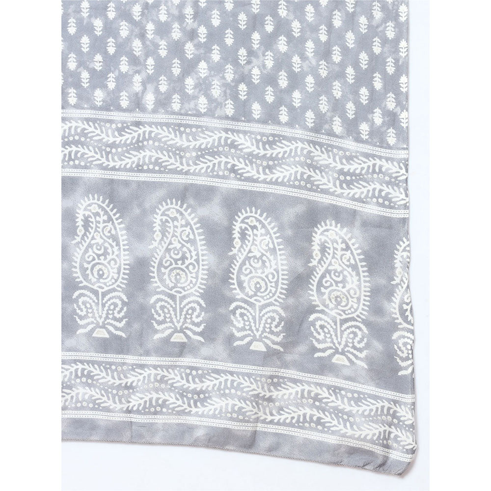 Yufta Grey Floral Thread Work Straight Kurta with Pant & Dupatta (Set of 3)