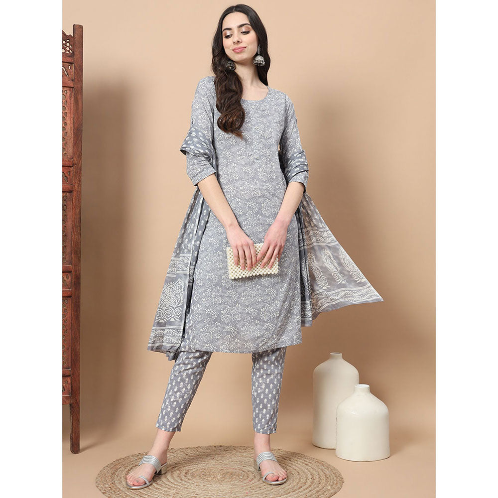 Yufta Grey Floral Thread Work Straight Kurta with Pant & Dupatta (Set of 3)