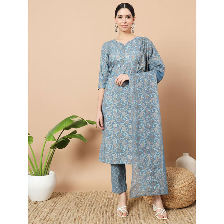 Yufta Blue Foli Print Cotton Kurta with Pant & Dupatta (Set of 3)