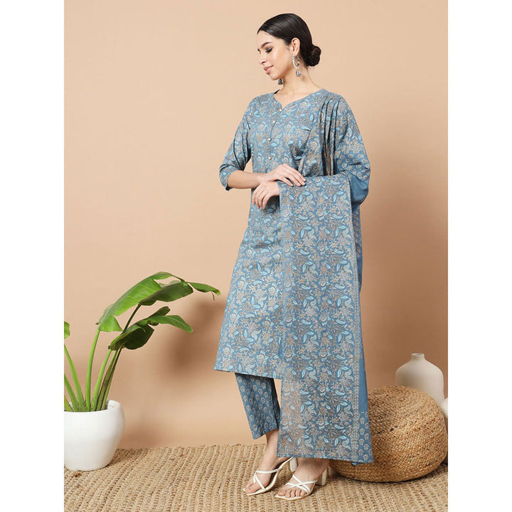 Yufta Blue Foli Print Cotton Kurta with Pant & Dupatta (Set of 3)