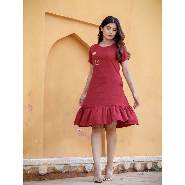 Yufta Maroon Floral Embroidered Knee Length Dress