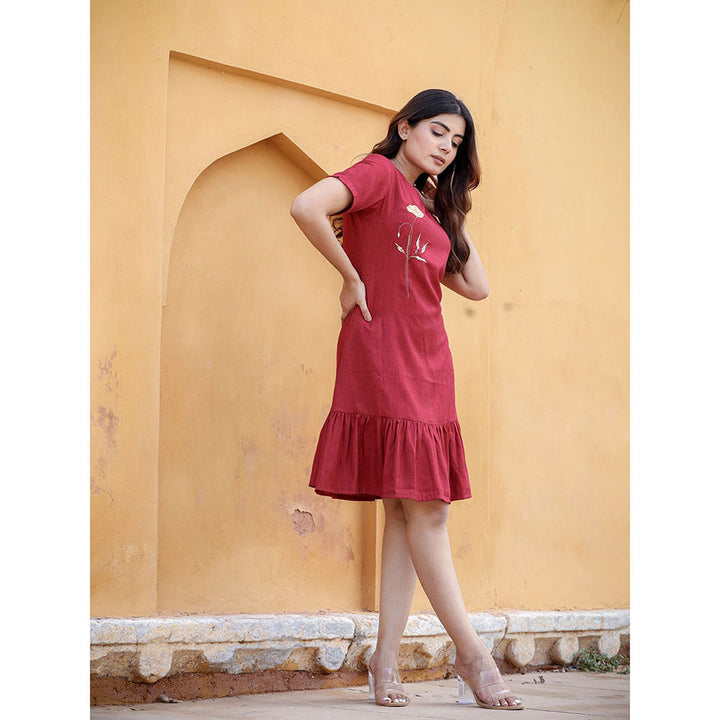 Yufta Maroon Floral Embroidered Knee Length Dress