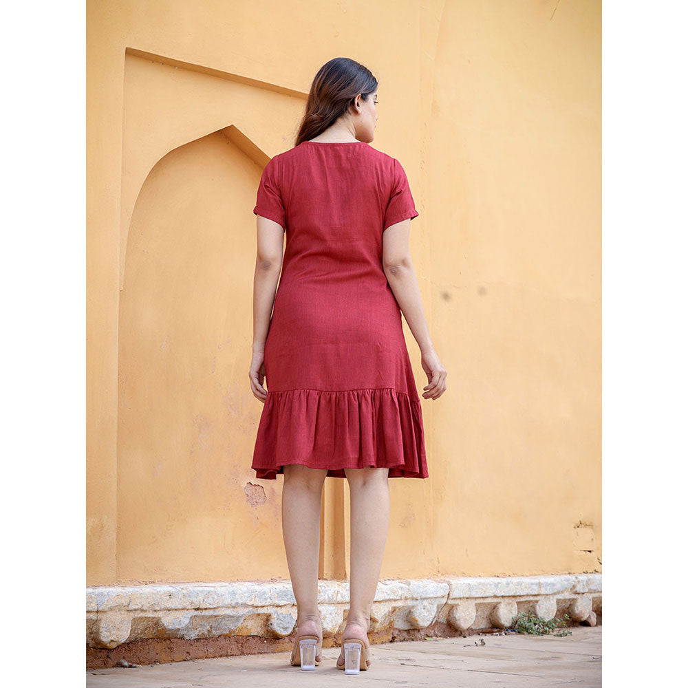 Yufta Maroon Floral Embroidered Knee Length Dress