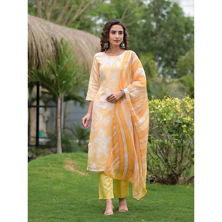 Yufta Yellow Digital Print Linen Cotton Have A Lining Kurta Trouser & Dupatta (Set of 3)