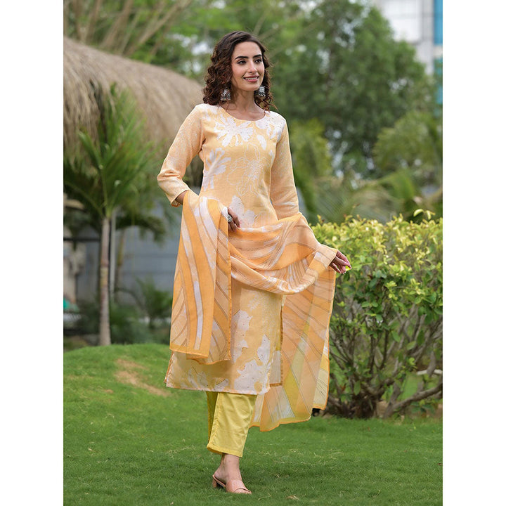 Yufta Yellow Digital Print Linen Cotton Have A Lining Kurta Trouser & Dupatta (Set of 3)