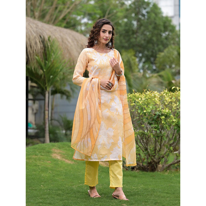 Yufta Yellow Digital Print Linen Cotton Have A Lining Kurta Trouser & Dupatta (Set of 3)